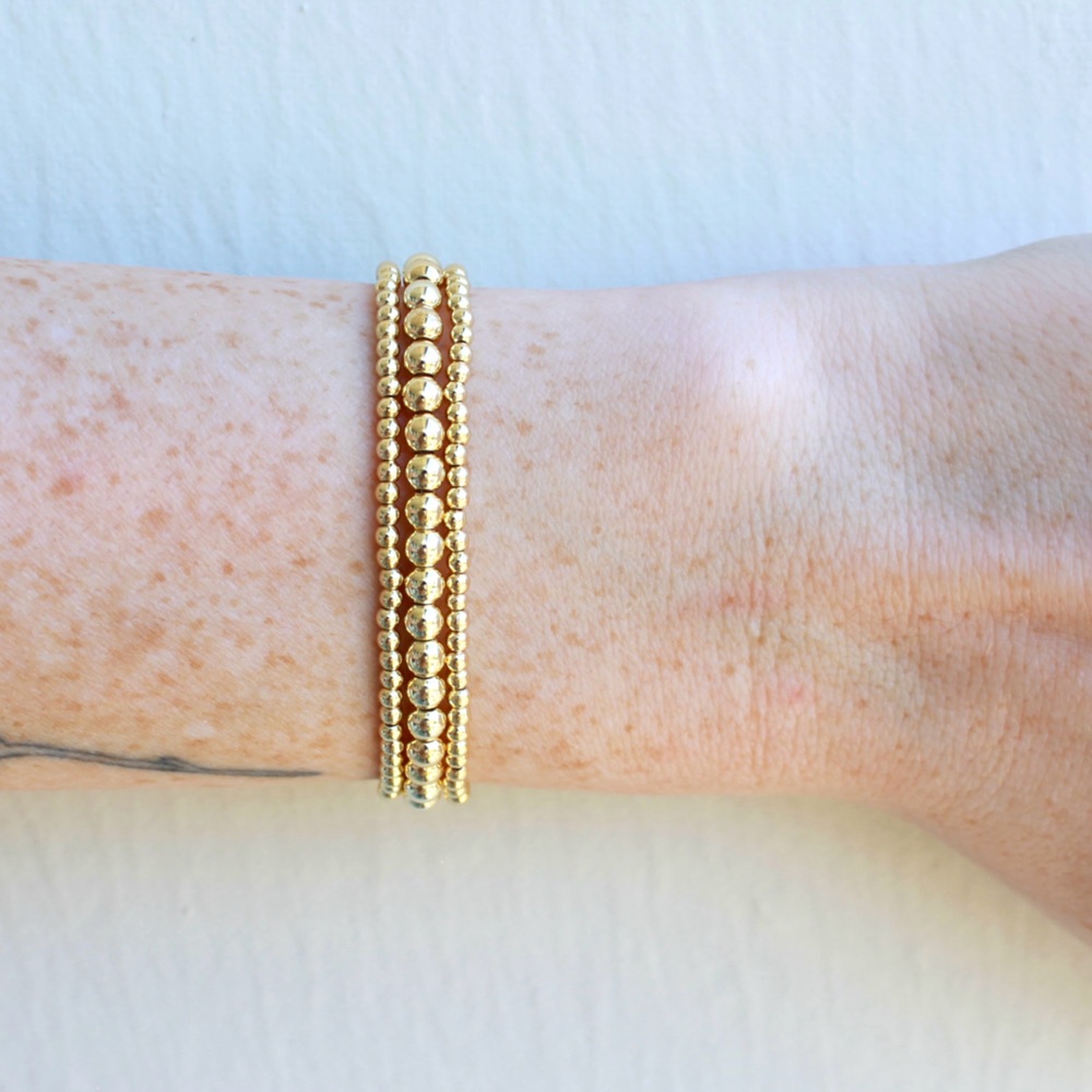 Gold Bead Bracelets set of 3 Gold FILLED Beads, wear in shower waterproof ocean